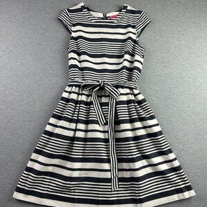 BETSEY JOHNSON Sz 8 Navy Blue and White Striped Cap Sleeves Belted Dress Pockets